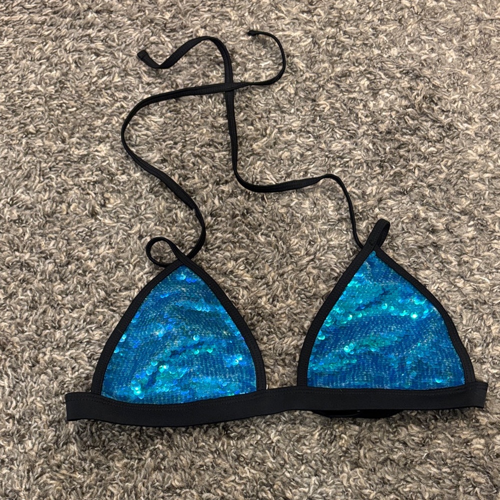 Blue Sequin Triangle Bikini Top
